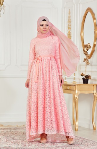 Powder Hijab Evening Dress 4138-03