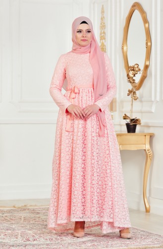 Powder Hijab Evening Dress 4138-03