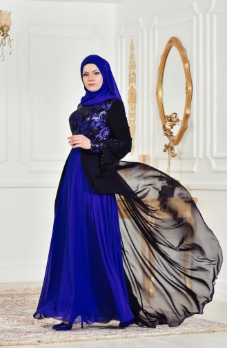 Robe de Soirée a Paillette 7959-04 Noir Bleu Roi 7959-04