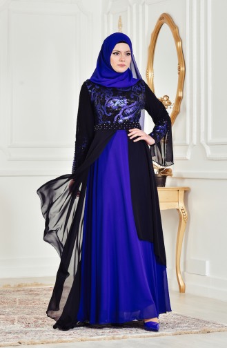 Robe de Soirée a Paillette 7959-04 Noir Bleu Roi 7959-04