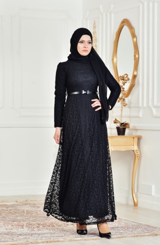 Black Hijab Evening Dress 4041-02