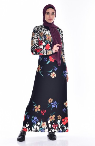 Çiçek Desenli Elbise 9020-04 Siyah