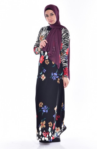 Çiçek Desenli Elbise 9020-04 Siyah