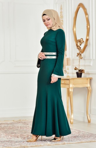 Emerald Green Hijab Evening Dress 3435-05