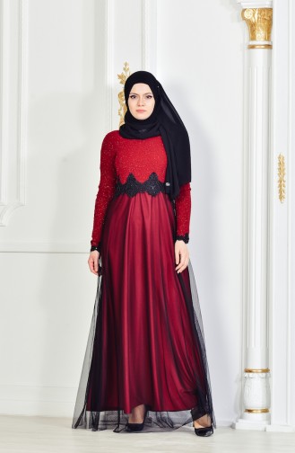 Dantelli Abiye Elbise 3833-05 Bordo