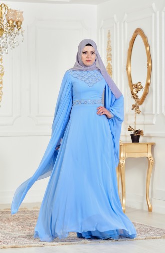 Robe de Soirée avec Perles et Pierre 8211-02 Bleu Glacé 8211-02