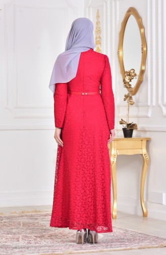 Dantelli Abiye Elbise 4041-01 Kırmızı
