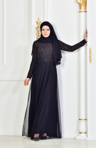 Black Hijab Evening Dress 3833-01