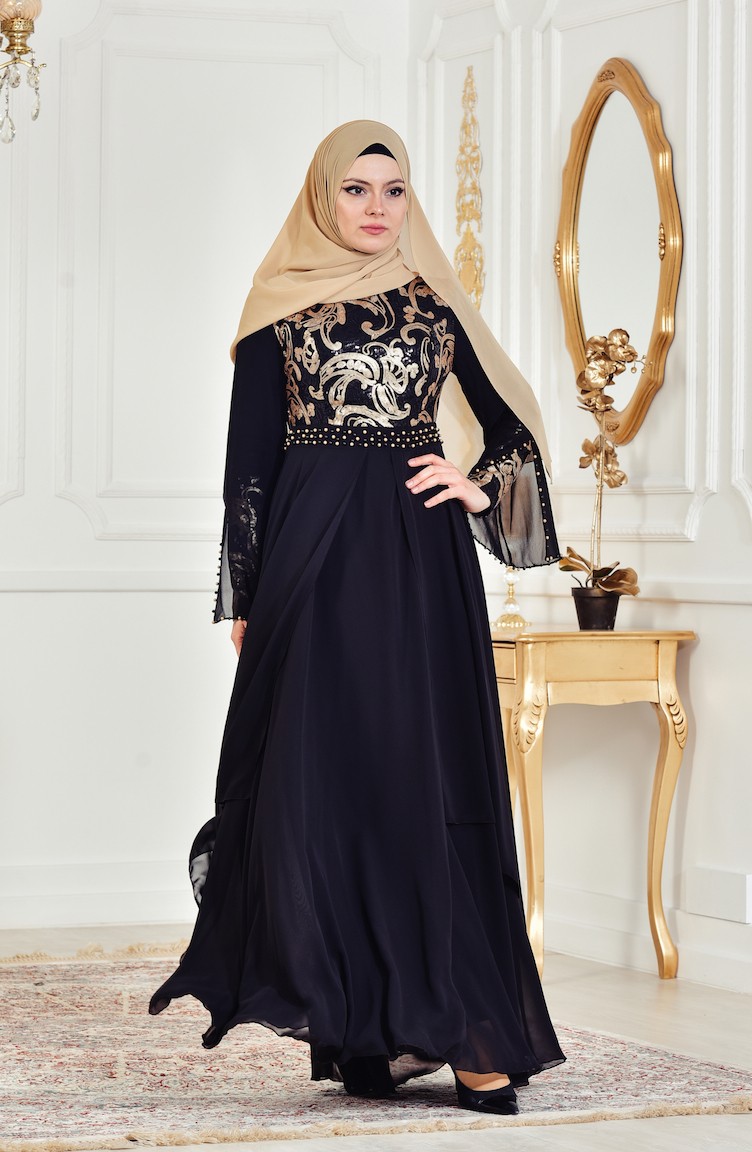 black and gold long evening dress