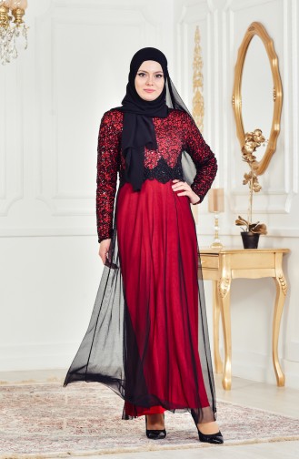 Red Hijab Evening Dress 3829-04