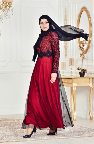 Red Hijab Evening Dress 3829-04