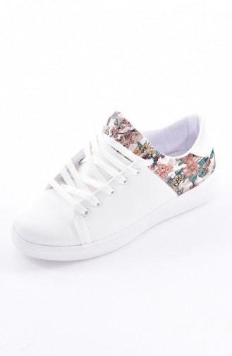 Bayan Çiçekli Ayakkabı 50219-01 Beyaz