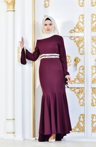 Claret Red Hijab Evening Dress 81540-04