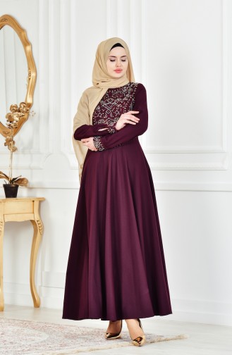 Claret Red Hijab Evening Dress 81524-04