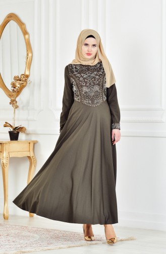 Khaki Hijab Evening Dress 81524-03