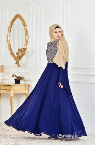 Robe de Soirée Perlées a Dentelle 1713202-01 Bleu Marine 1713202-01