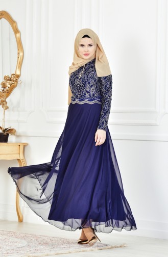 Robe de Soirée a Dentelle 7960-07 Bleu Marine 7960-07