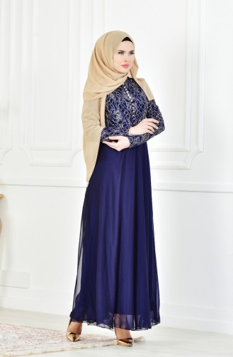 Robe de Soirée a Dentelle 7960-07 Bleu Marine 7960-07