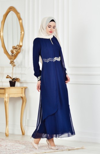 Navy Blue Hijab Dress 52221A-06