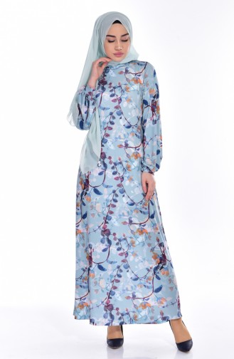 Çiçek Desenli Elbise 9007-01 Mint Mavi