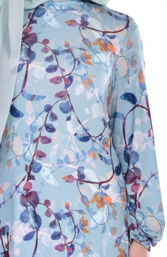 Çiçek Desenli Elbise 9007-01 Mint Mavi