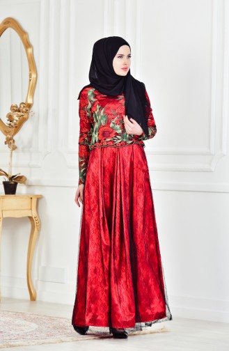 Robe de Soirée a Motifs Fleurs  1613086-01 Noir Rouge 1613086-01