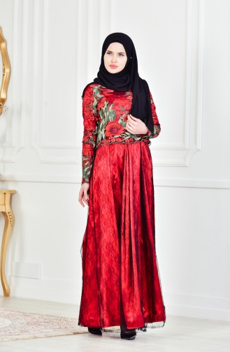 Blumen Gemustertes Abendkleid 1613086-01 Schwarz Rot 1613086-01