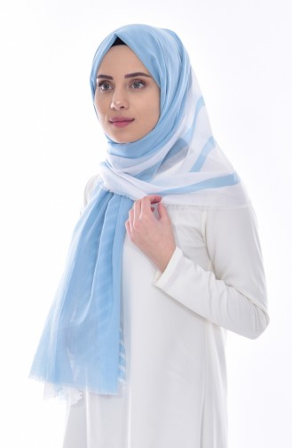 ارميني شال قطن بتصميم مُطبع077-024-07 لون أبيض وتركواز 077-024-07