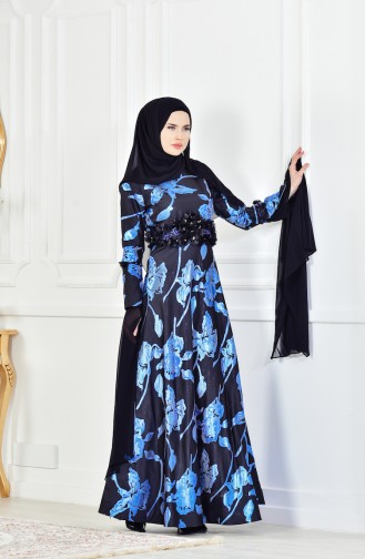 Robe de Soirée Détail Fleurs 1713214-03 Bleu 1713214-03