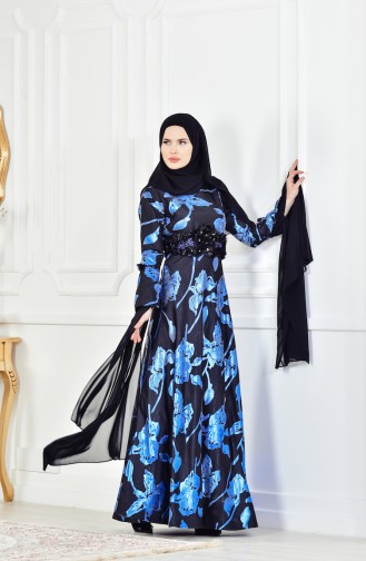 Robe de Soirée Détail Fleurs 1713214-03 Bleu 1713214-03