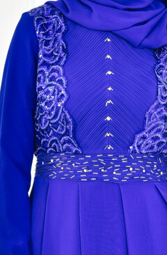 Robe de Soirée Bordée de Perles a Paillette 1713168-01 Bleu Roi 1713168-01