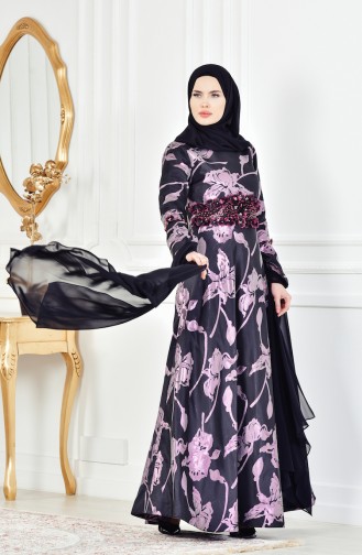 Robe de Soirée Détail Fleurs 1713214-01 Pourpre Noir 1713214-01