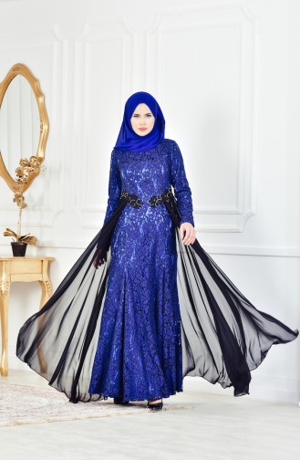 Robe de Soirée a Dentelle et Pierre 1713205-02 Bleu Roi Noir 1713205-02