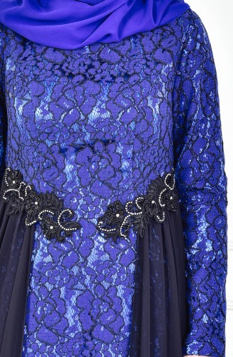 Robe de Soirée a Dentelle et Pierre 1713205-02 Bleu Roi Noir 1713205-02