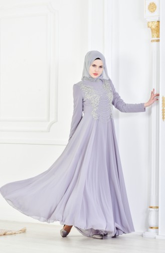 Robe de Soirée İmprimée de Perles 8048-02 Gris 8048-02