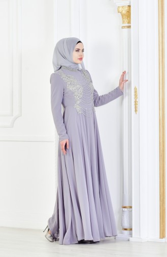 Robe de Soirée İmprimée de Perles 8048-02 Gris 8048-02