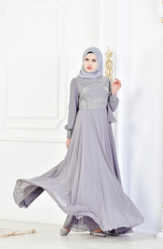 Robe de Soirée İmprimée de Pierre 8088-05 Gris 8088-05