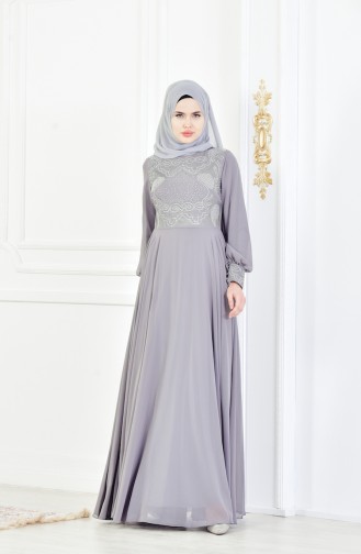 Robe de Soirée İmprimée de Pierre 8088-05 Gris 8088-05