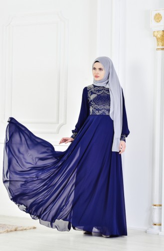 Robe de Soirée İmprimée de Pierre 8088-07 Bleu Marine 8088-07