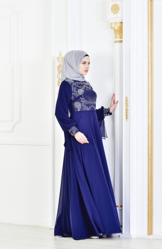 Robe de Soirée İmprimée de Pierre 8088-07 Bleu Marine 8088-07