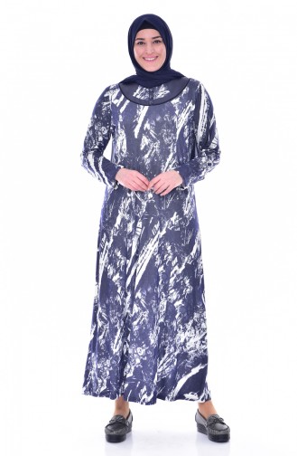 Large Size Patterned Dress 4882-01 Navy Blue 4882-01