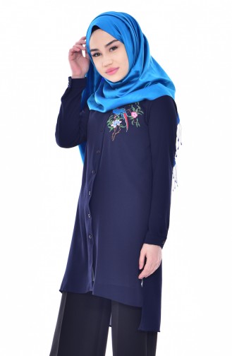 Nakışlı Asimetrik Tunik 0763-07 Lacivert