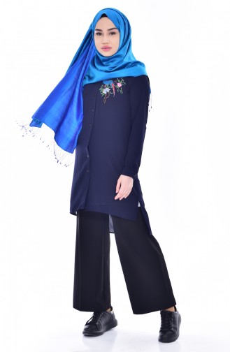 Embroidered Asymmetric Tunic 0763-07 Navy 0763-07