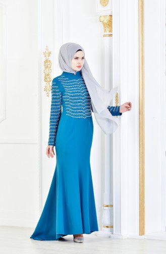 Petrol Hijab Evening Dress 6047-04