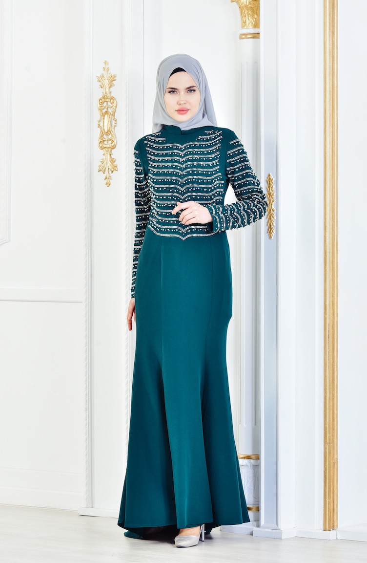 Pearls Evening Dress 604707 Emerald Green 604707 Sefamerve