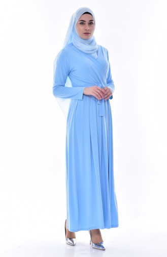 Pileli Kuşaklı Elbise 60678-05 Bebe Mavisi