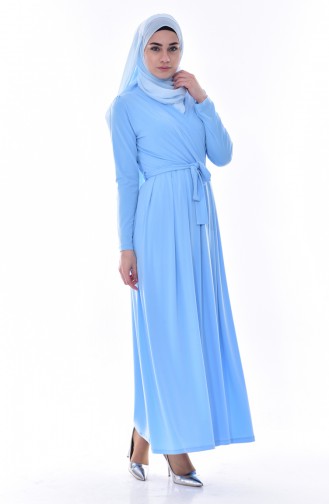 Pileli Kuşaklı Elbise 60678-05 Bebe Mavisi