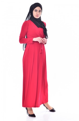 Pileli Kuşaklı Elbise 60678-04 Kırmızı