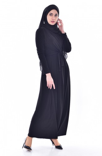 Pileli Kuşaklı Elbise 60678-03 Siyah