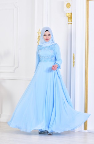 Robe de Soirée İmprimée de Pierre 8088-04 Bleu Bébé 8088-04